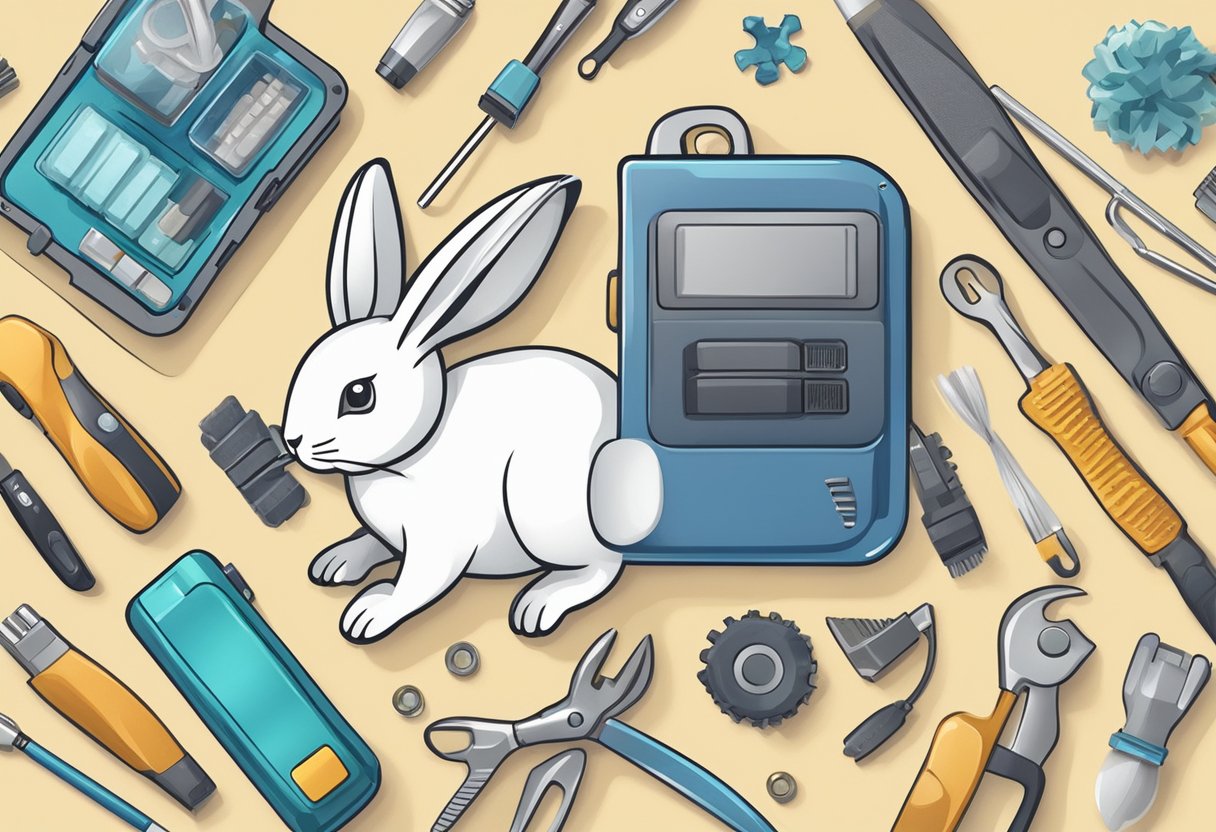 A hand holding a small electronic device with a rabbit logo, surrounded by tools and cleaning supplies