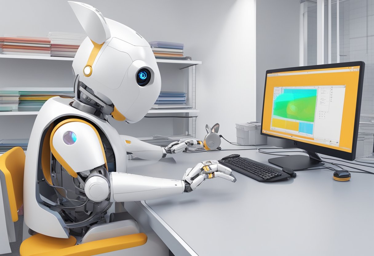 A rabbit-shaped robot (R1) is shown learning to perform tasks using a digital interface