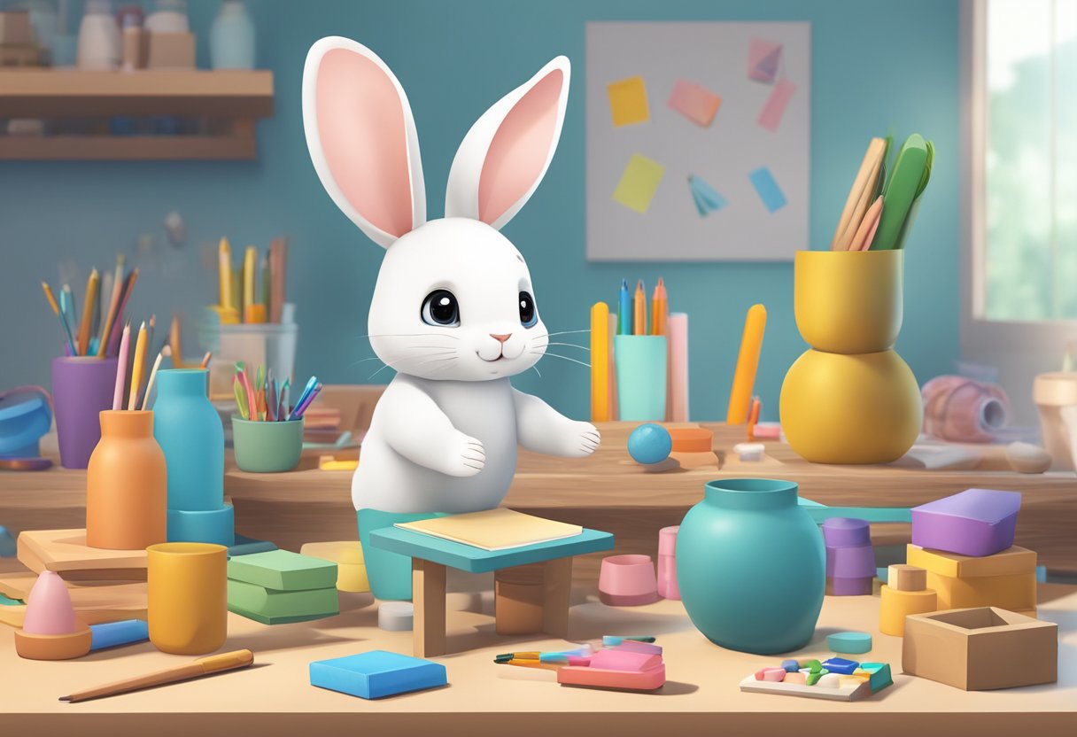 A cute R1 Rabbit standing on a table with various objects around, ready to be taught tasks