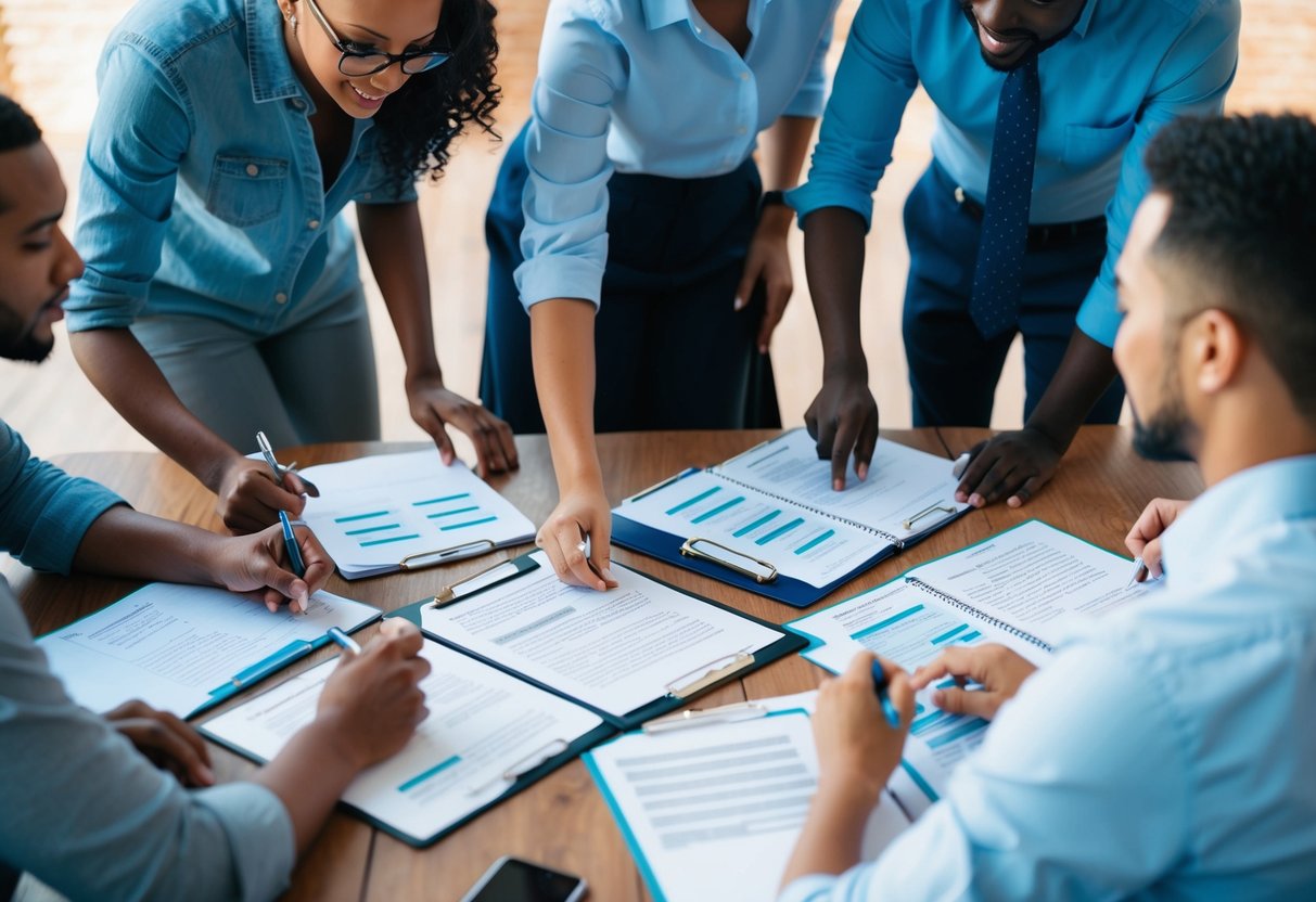 Un groupe d'individus divers s'est rassemblé autour d'une table, chacun contribuant avec des idées et des perspectives à un document en cours d'écriture.