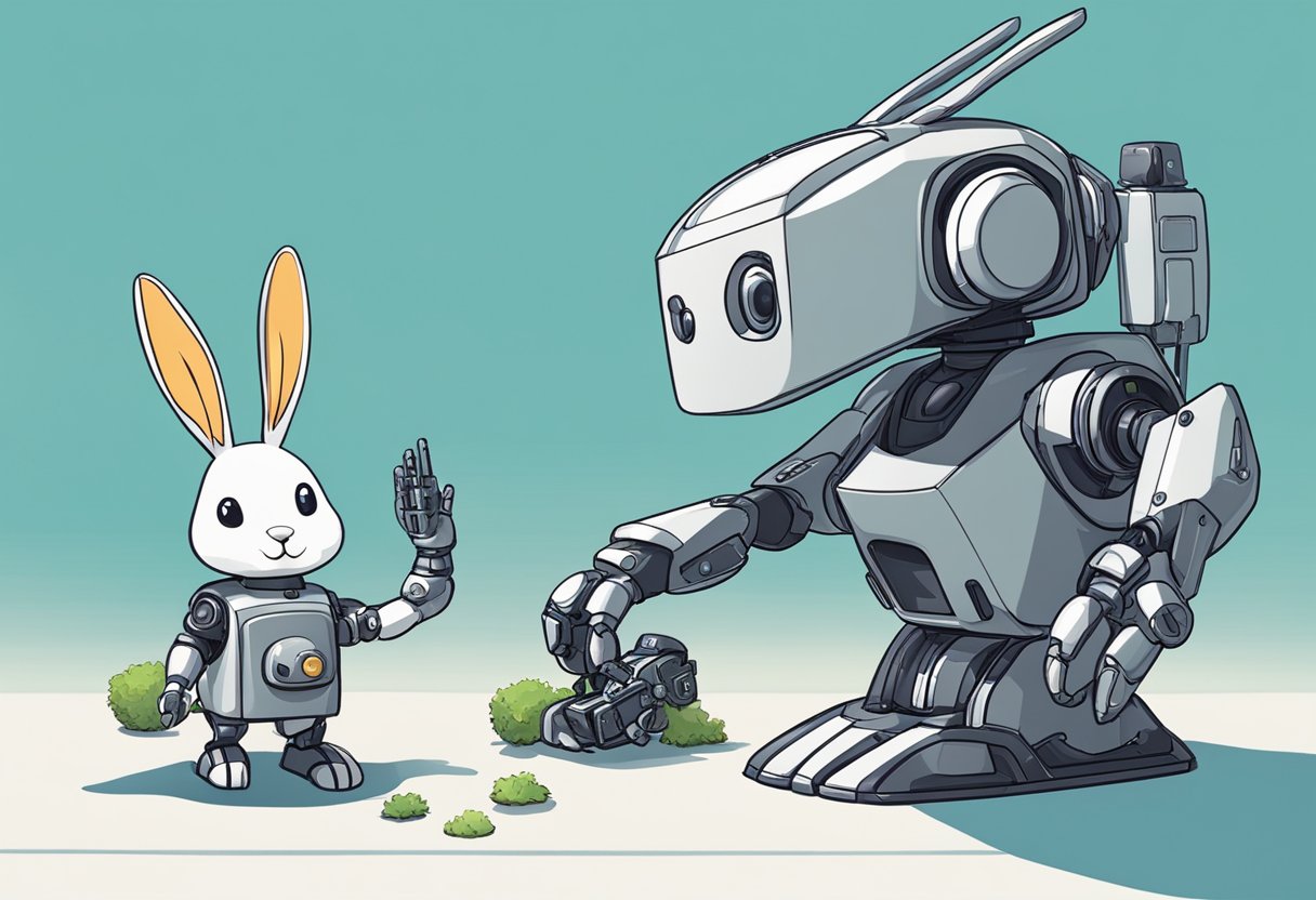 A rabbit standing next to a small robot, showing the robot how to perform various tasks