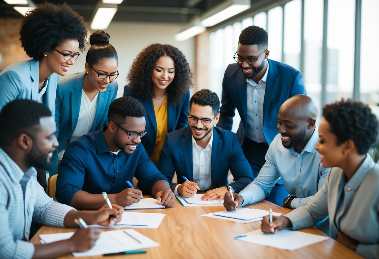 Un groupe d'individus divers se rassemble autour d'une table, chacun avec un stylo et du papier, engagé dans un processus d'écriture collaborative. Des idées sont partagées et discutées, avec un sentiment de travail d'équipe et de productivité dans l'air.