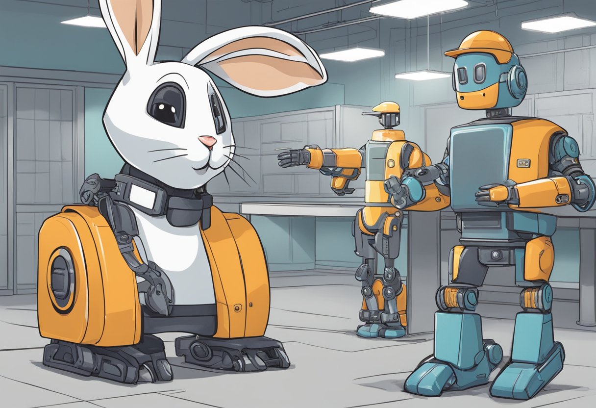 A rabbit wearing a safety vest stands next to a robot, showing it how to perform tasks