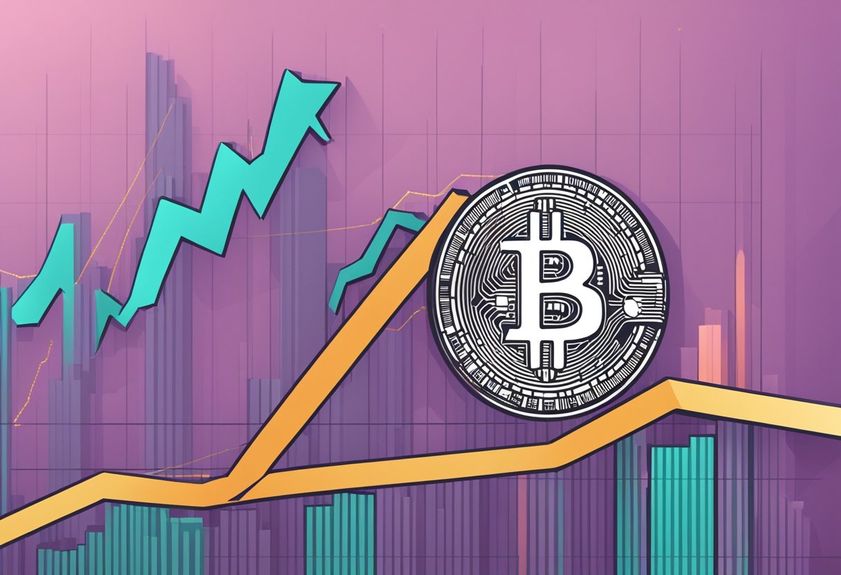 A graph showing a steep upward trend with a bitcoin symbol in the background