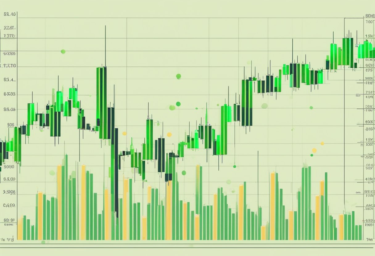 A series of ascending green candlesticks on a cryptocurrency price chart with various technical indicators overlaid