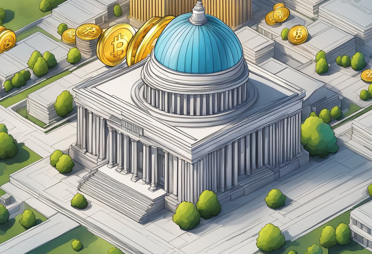 A bitcoin symbol rising above a government building, surrounded by political and regulatory documents