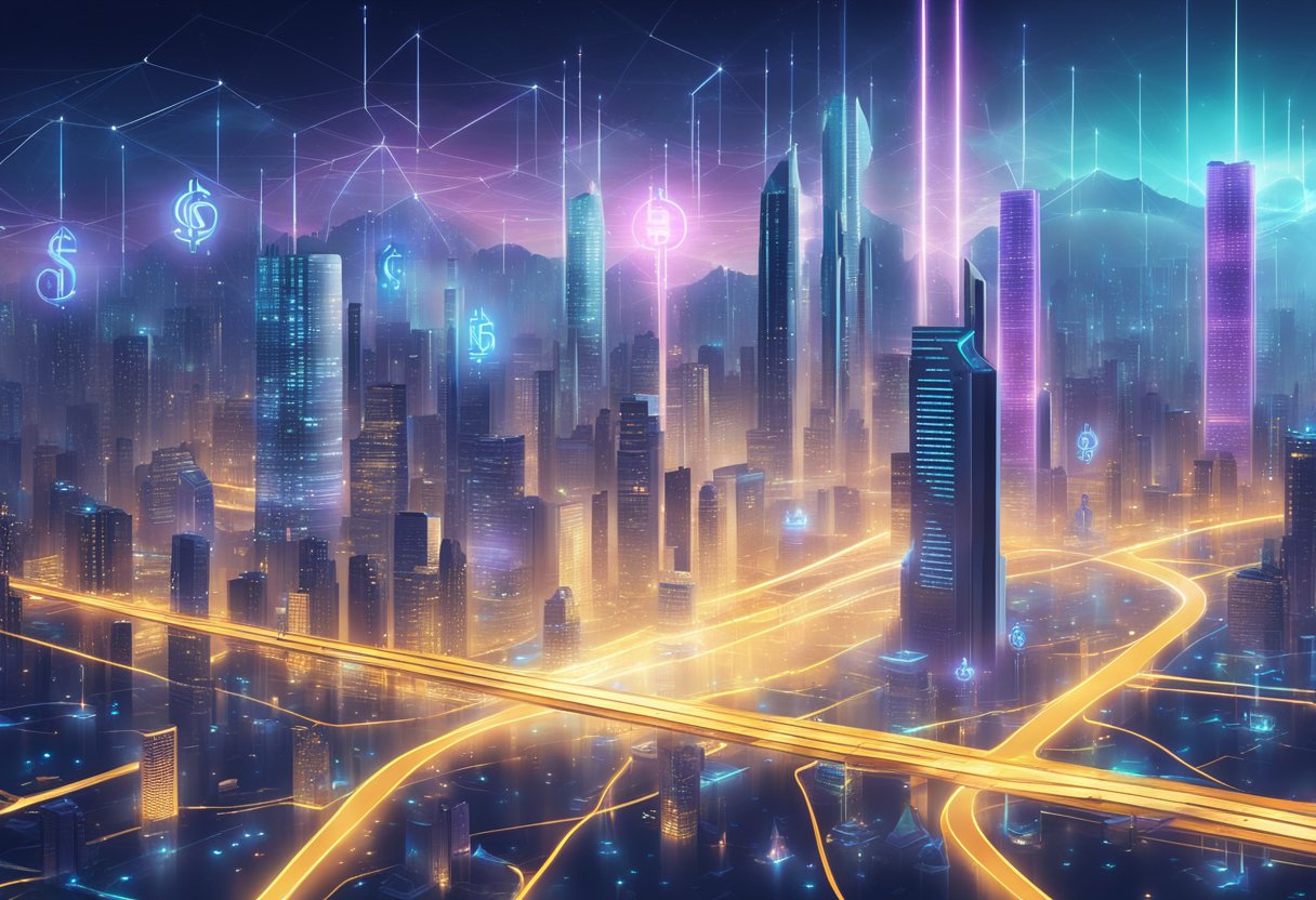 A futuristic city skyline with digital currency symbols rising above, surrounded by glowing data streams and technological infrastructure