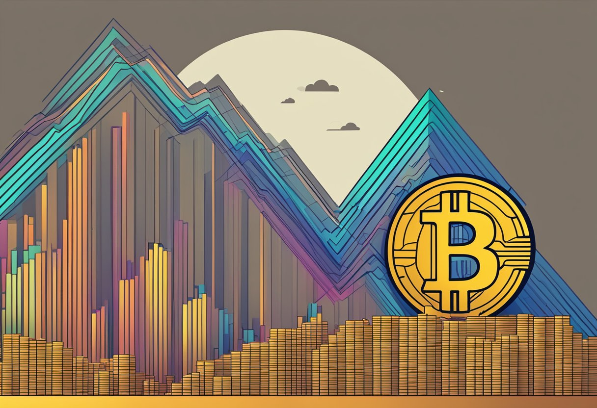 A graph showing a steep upward trend with a bitcoin symbol in the background