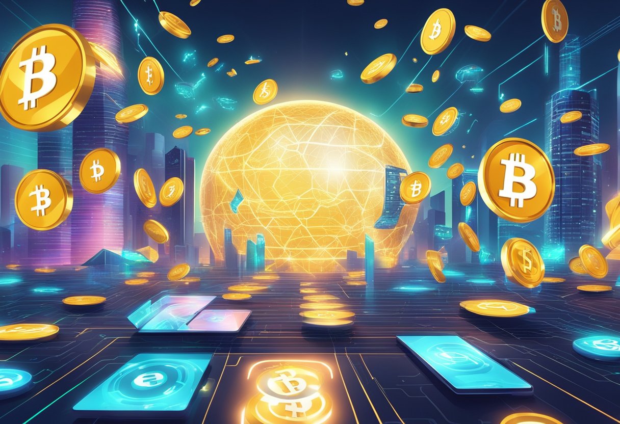 A futuristic gaming world with various digital currencies floating in the air, each representing a different crypto currency