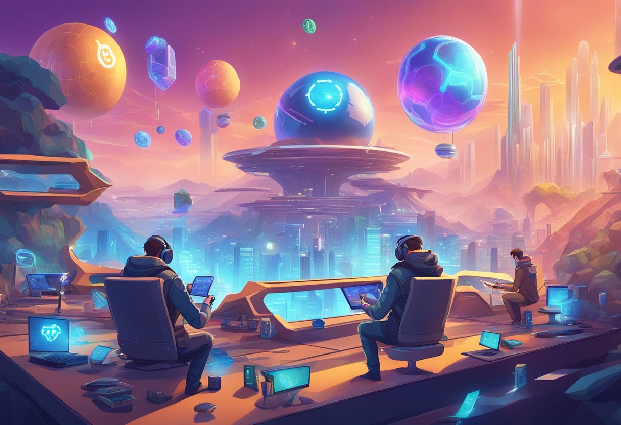 A futuristic gaming world with virtual currencies floating above characters and game items