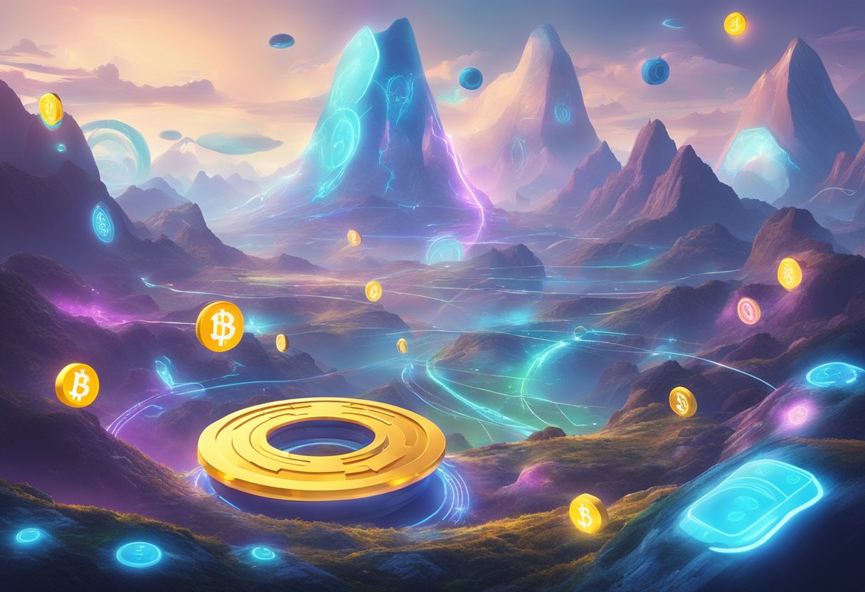 A futuristic gaming world with virtual currency symbols floating around digital landscapes