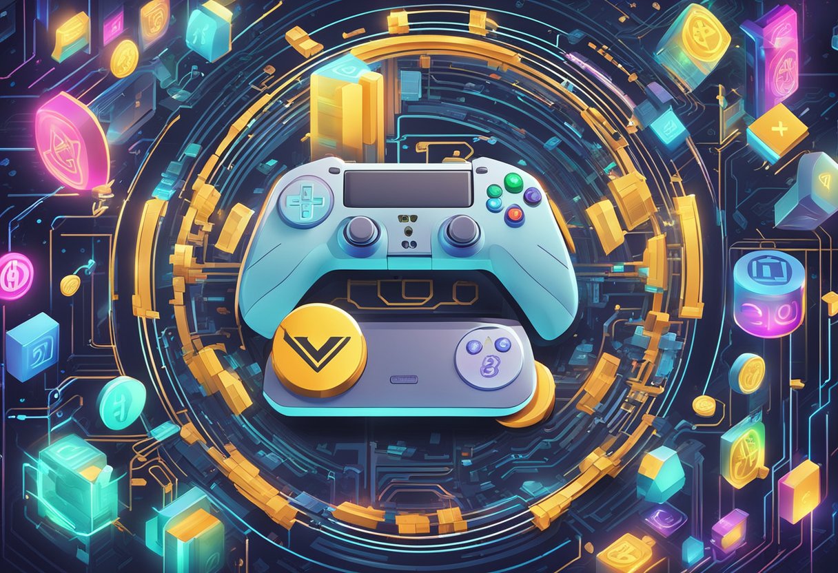 A futuristic gaming console surrounded by various digital currency symbols, with a spotlight shining on the gaming symbol