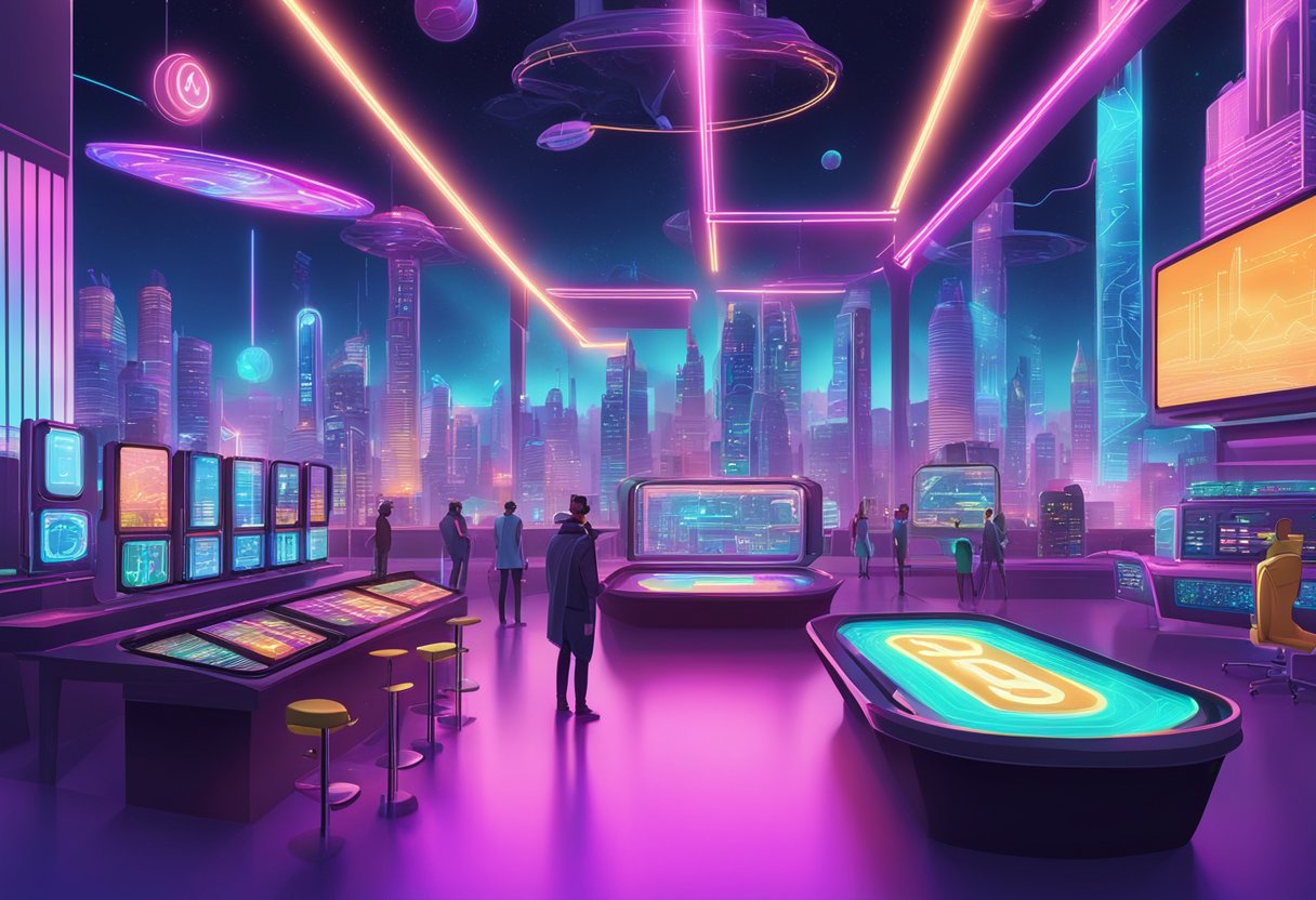 A futuristic city skyline with neon signs and holographic projections, featuring a virtual reality gaming arena surrounded by various crypto currency exchange buildings