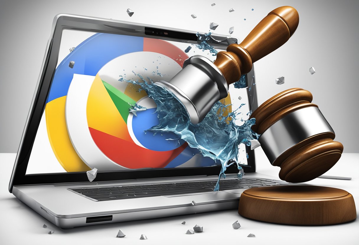 A large gavel smashing down on a computer screen displaying the Google Chrome logo