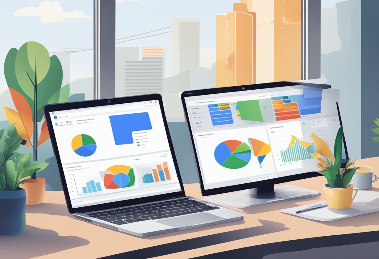 Potential buyers researching Google Chrome on a laptop with various tabs open, while a chart showing market impact is displayed on a nearby monitor