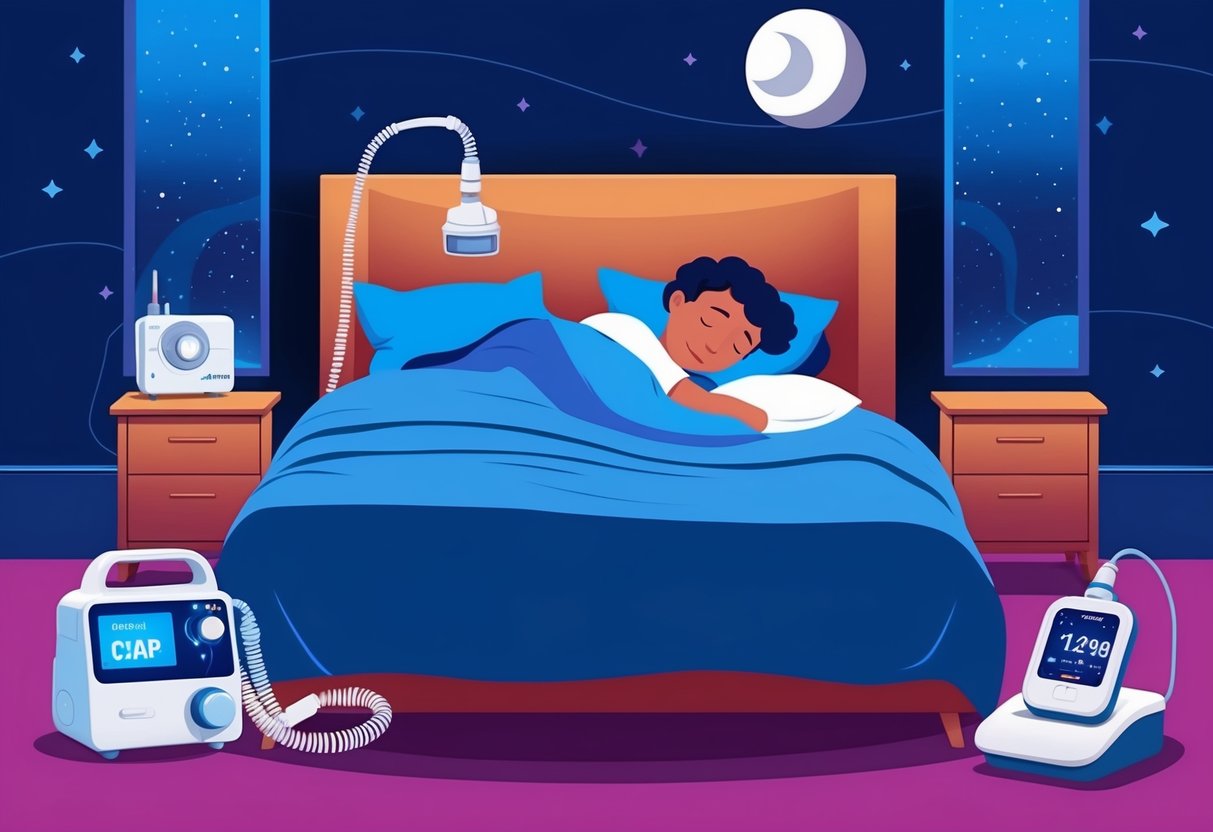 Une chambre la nuit, avec une personne dormant paisiblement dans son lit, entourée d'un appareil CPAP et d'un moniteur de sommeil.