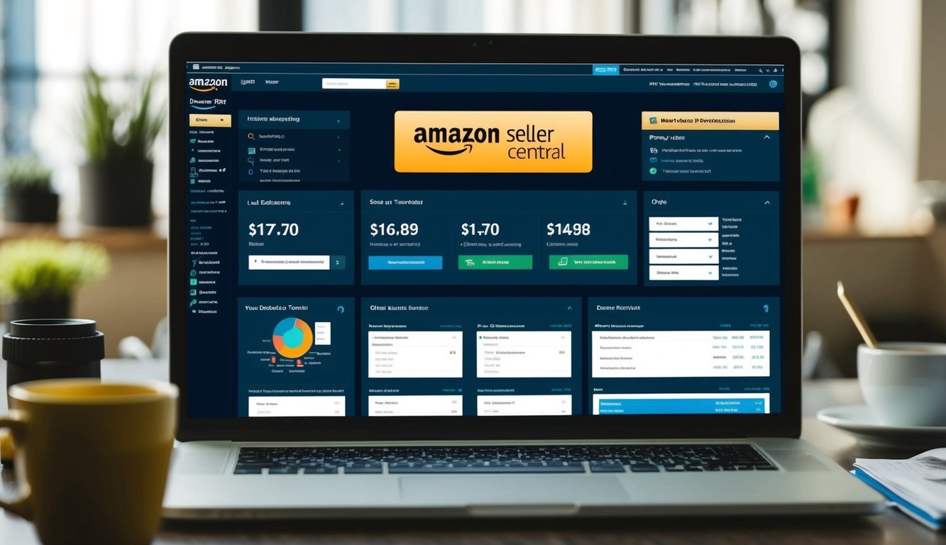 A busy Amazon Seller Central dashboard with order processing, fulfillment, and customer service tabs open, showing various seller tools and data