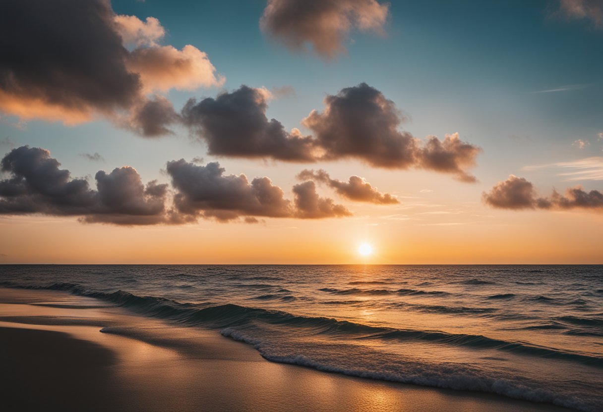 Um pôr do sol sereno sobre um oceano calmo, com nuvens coloridas refletindo na água, criando uma atmosfera pacífica e tranquila.