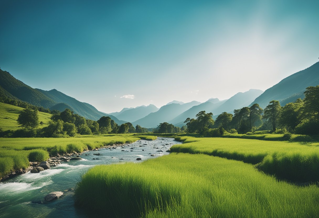 Uma paisagem serena com um rio calmo fluindo através de um vale verdejante, cercado por montanhas imponentes sob um céu azul claro