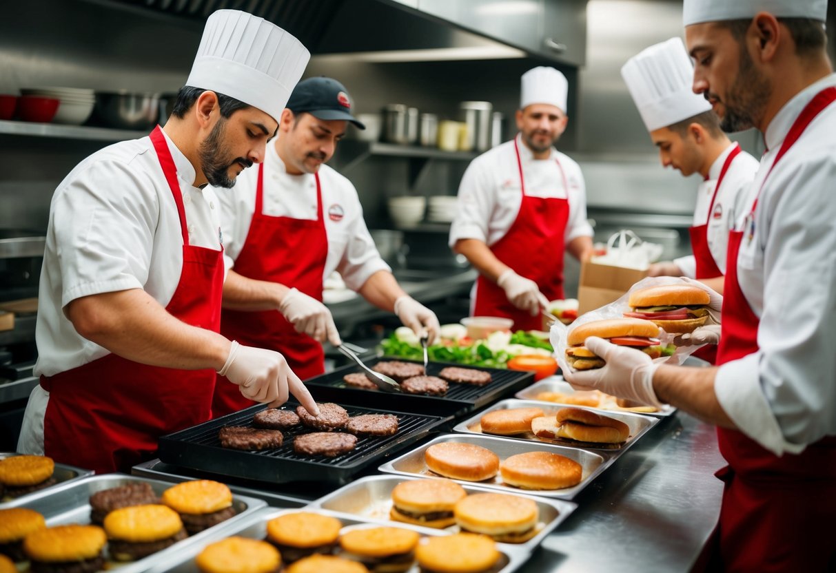 A busy kitchen with chefs grilling beef patties, assembling burgers, and packaging them for delivery