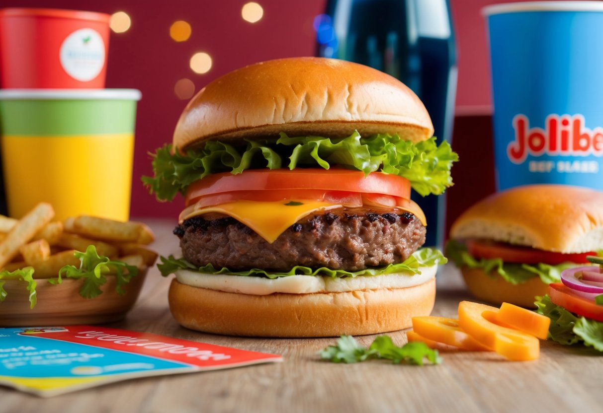 A mouth-watering Jollibee beef burger surrounded by colorful menu items