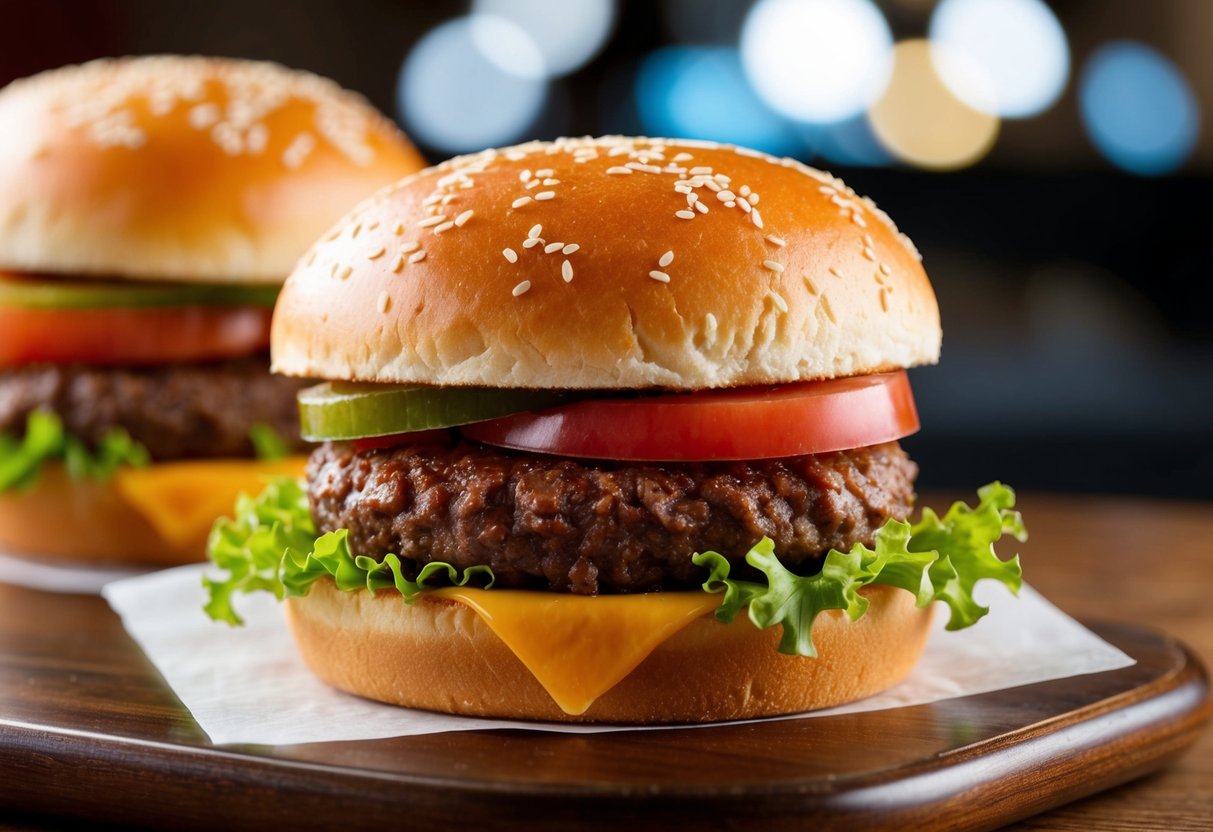 A close-up of a Jollibee beef burger with sesame seed bun, fresh lettuce, tomato, cheese, and juicy beef patty