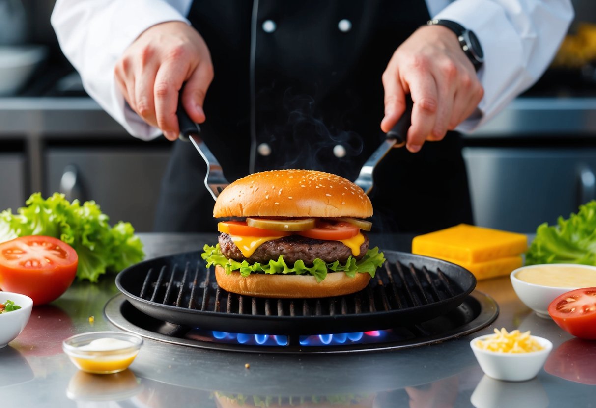 A chef grilling a Jollibee beef burger on a sizzling hot grill, surrounded by various ingredients like lettuce, tomatoes, and cheese