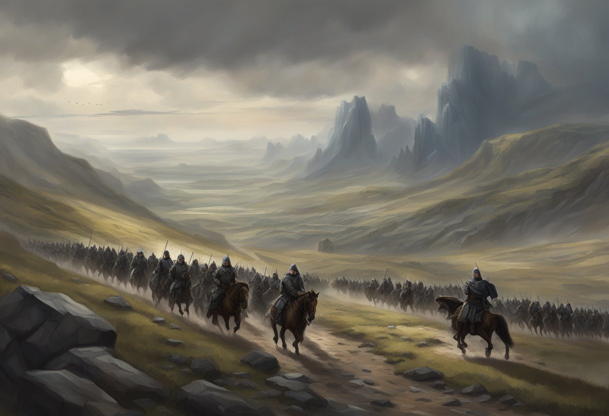 Andor's army marches through a rugged landscape, ready for battle. The sky is overcast, adding a sense of foreboding to the scene