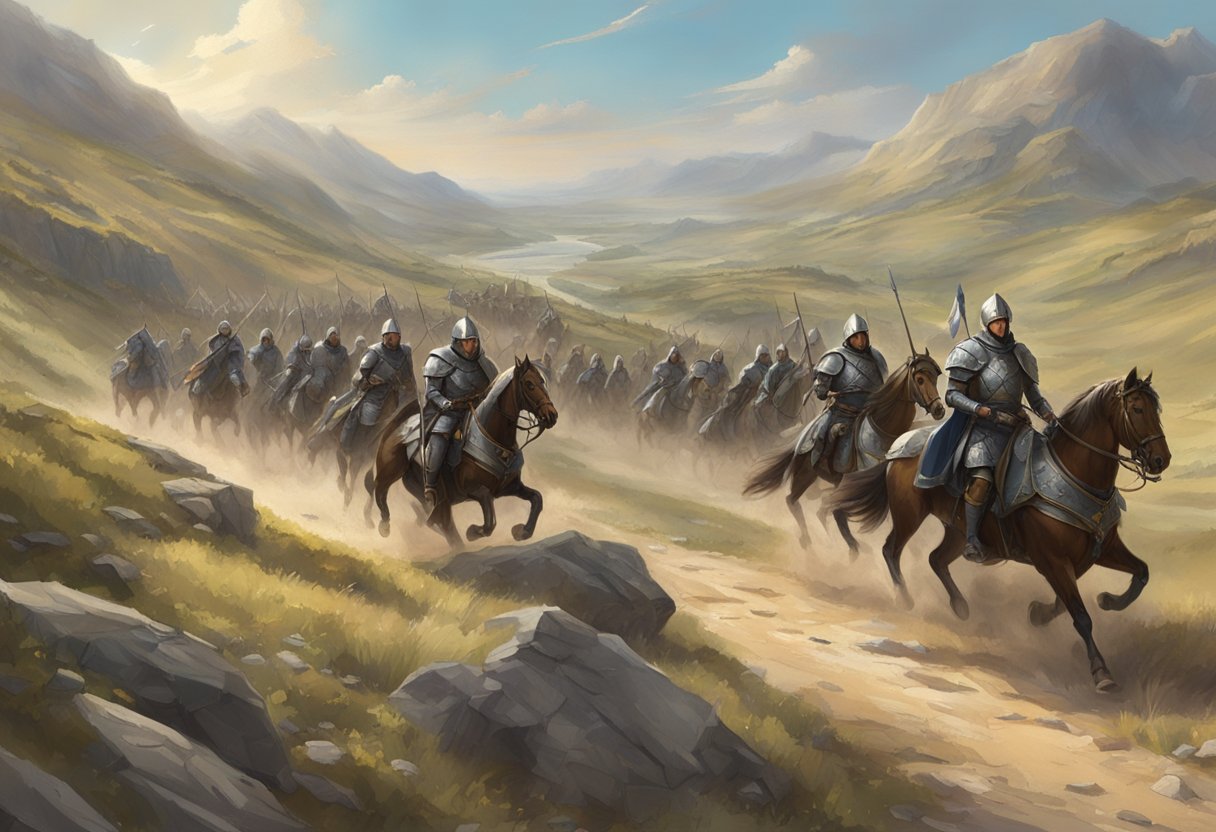 Andor's army marches through a rugged landscape, armor glinting in the sunlight. Banners flap in the wind as they prepare for battle