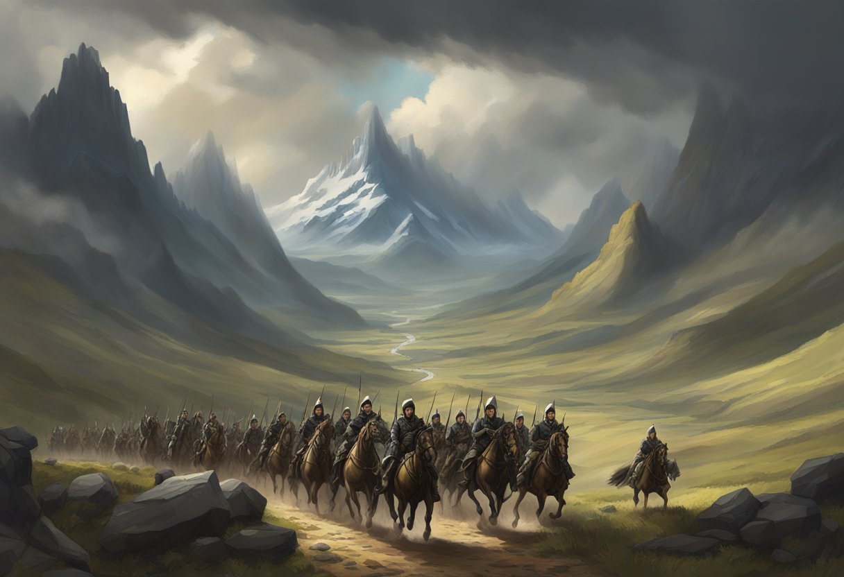 Andor's army marches through a rugged landscape, with towering mountains in the background and ominous storm clouds gathering overhead