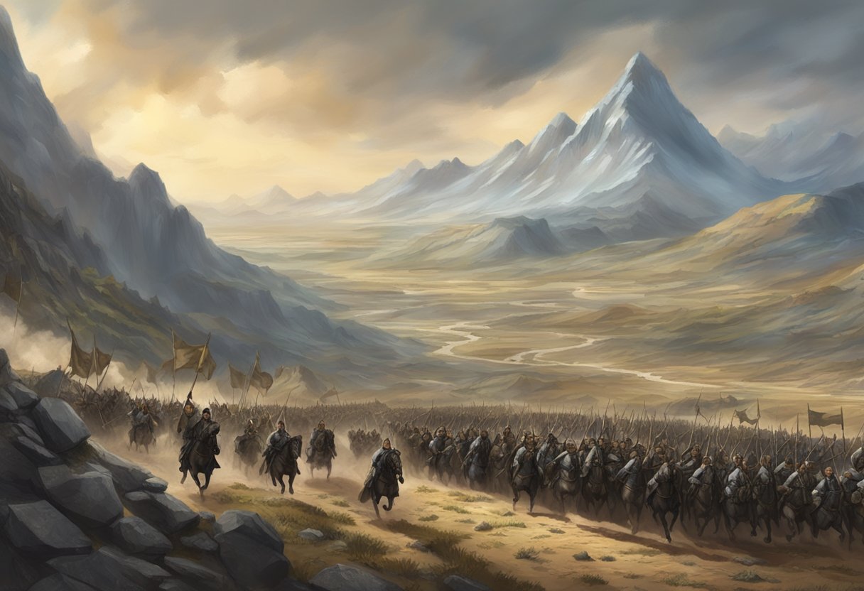 Andor's army marches through a rugged landscape, banners flying high, as they prepare for war in the new season