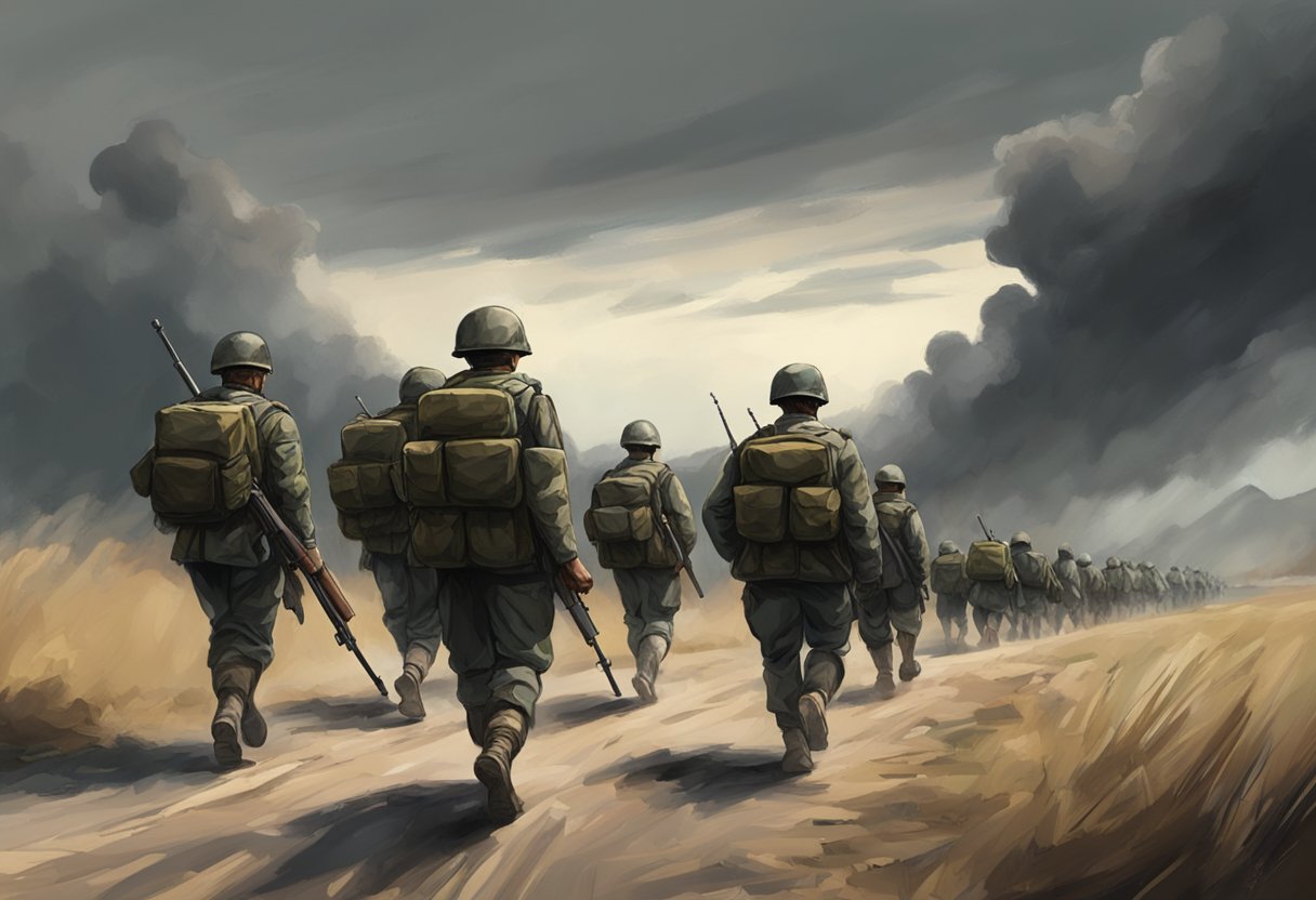 A group of soldiers march in formation towards a distant, war-torn landscape. The sky is filled with dark clouds, hinting at the impending conflict