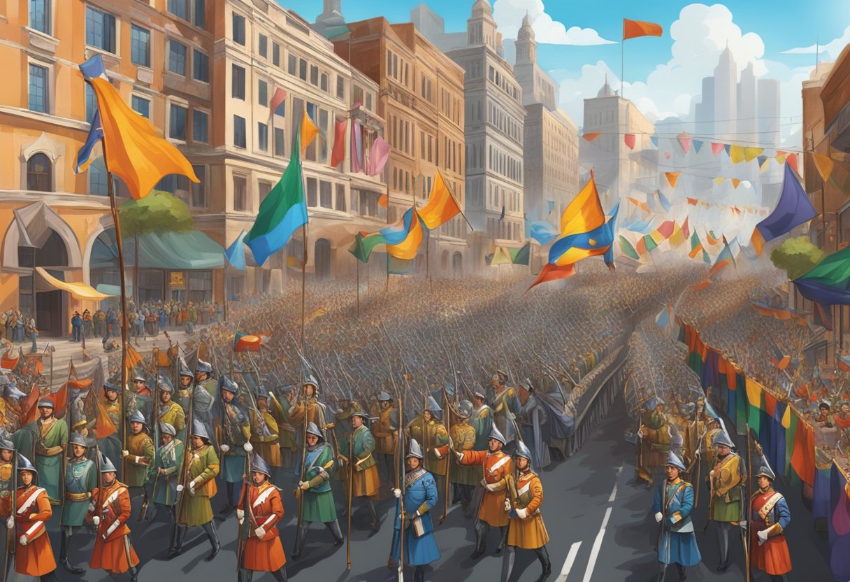 A grand army marches through a vibrant, bustling city, adorned with colorful banners and symbols of their cultural heritage