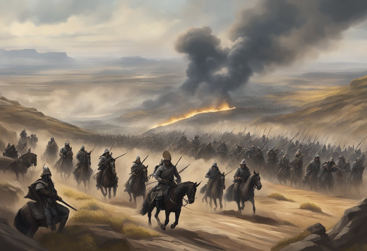 Andor's army marches through a rugged landscape, armed and determined for war. Smoke billows in the distance as they prepare for battle