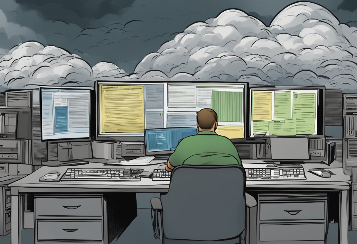 Dark clouds loom over a computer screen, showing a barrage of threatening messages directed at FEMA