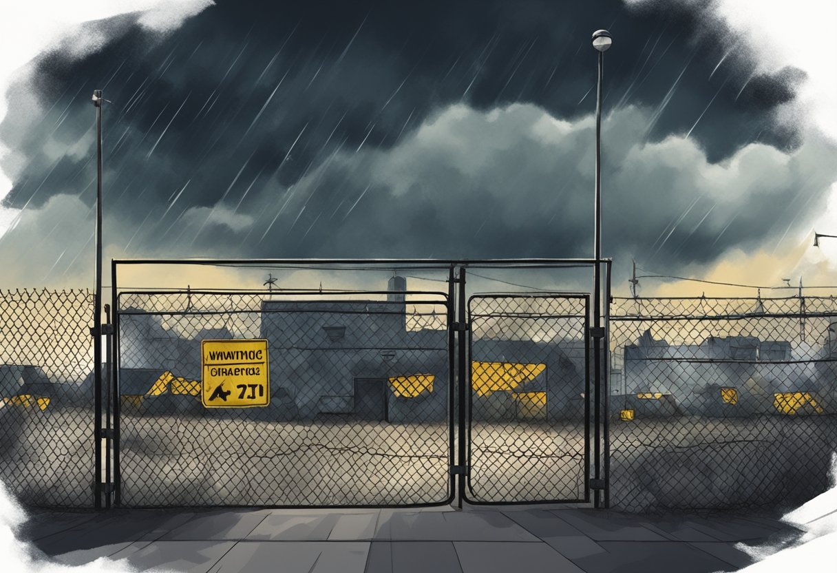 A stormy sky looms over a government building, surrounded by a chain-link fence and warning signs. Dark figures lurk in the shadows, watching and waiting