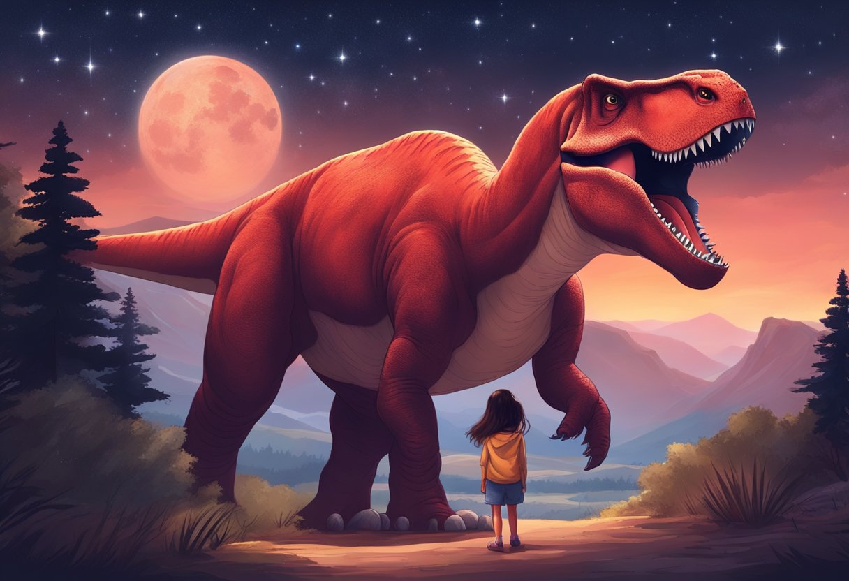 A prehistoric landscape with a large, red dinosaur and a young girl under a starry sky