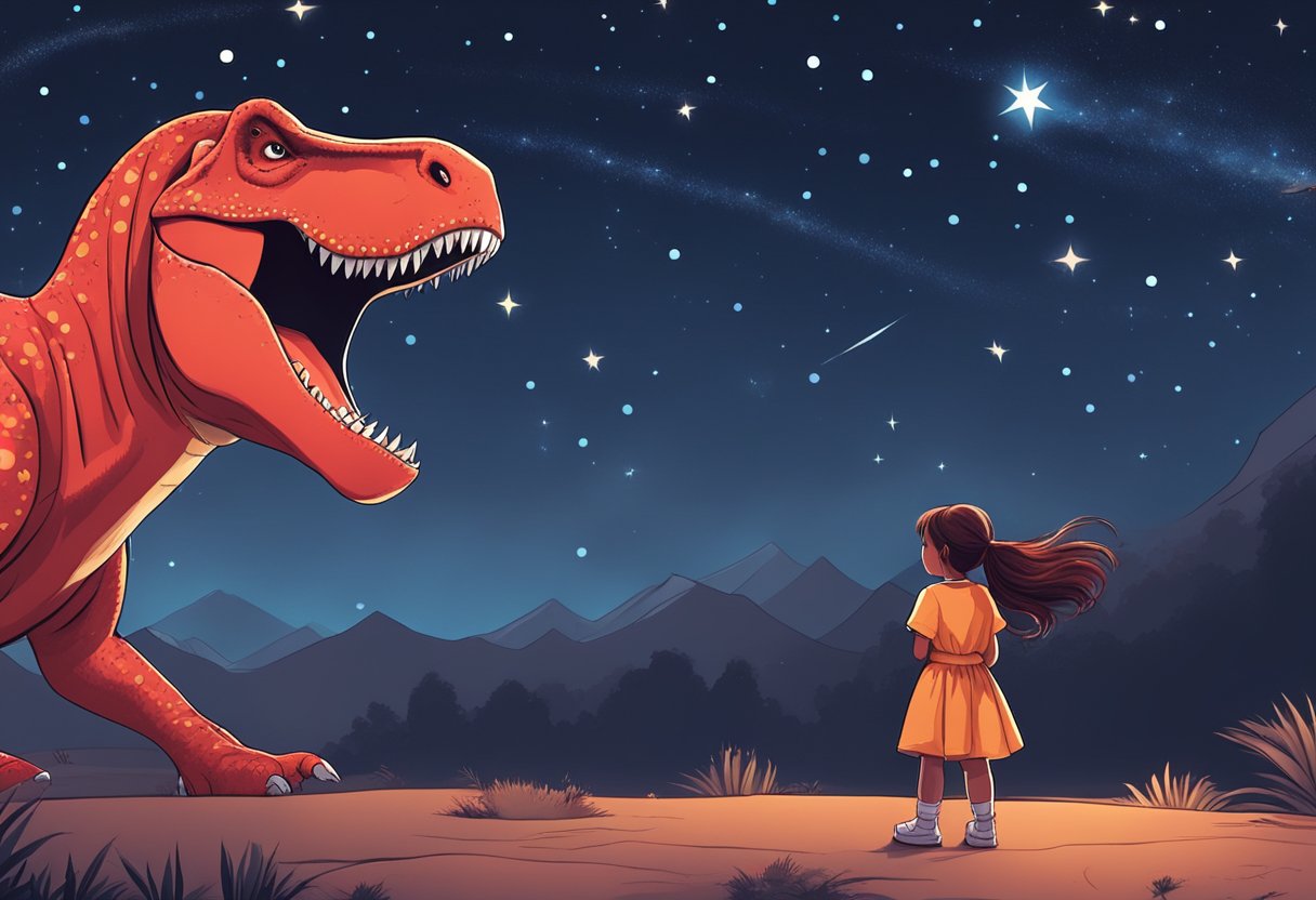 A prehistoric landscape with a large red dinosaur and a young girl in a superhero costume standing together under a starry night sky