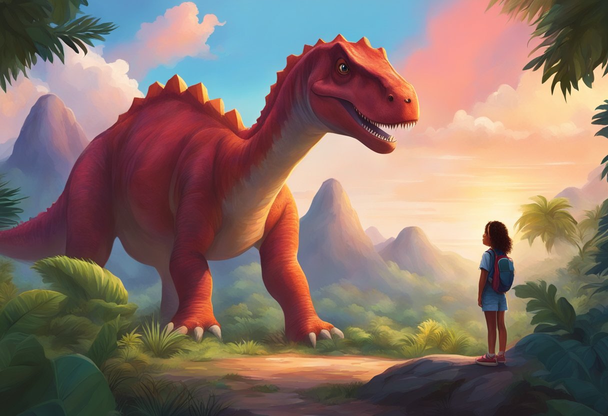 A prehistoric landscape with a young girl and a large red dinosaur standing together, surrounded by lush greenery and a colorful sky