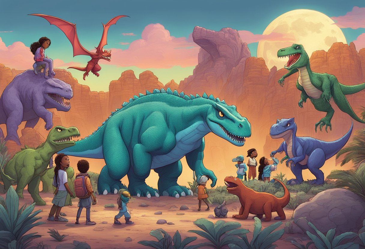 A prehistoric landscape with Moon Girl and Devil Dinosaur standing together, surrounded by diverse and inclusive characters