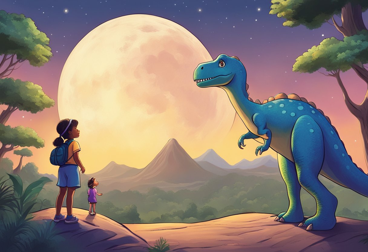 A colorful cartoon dinosaur and a young girl gazing up at the moon in a prehistoric landscape