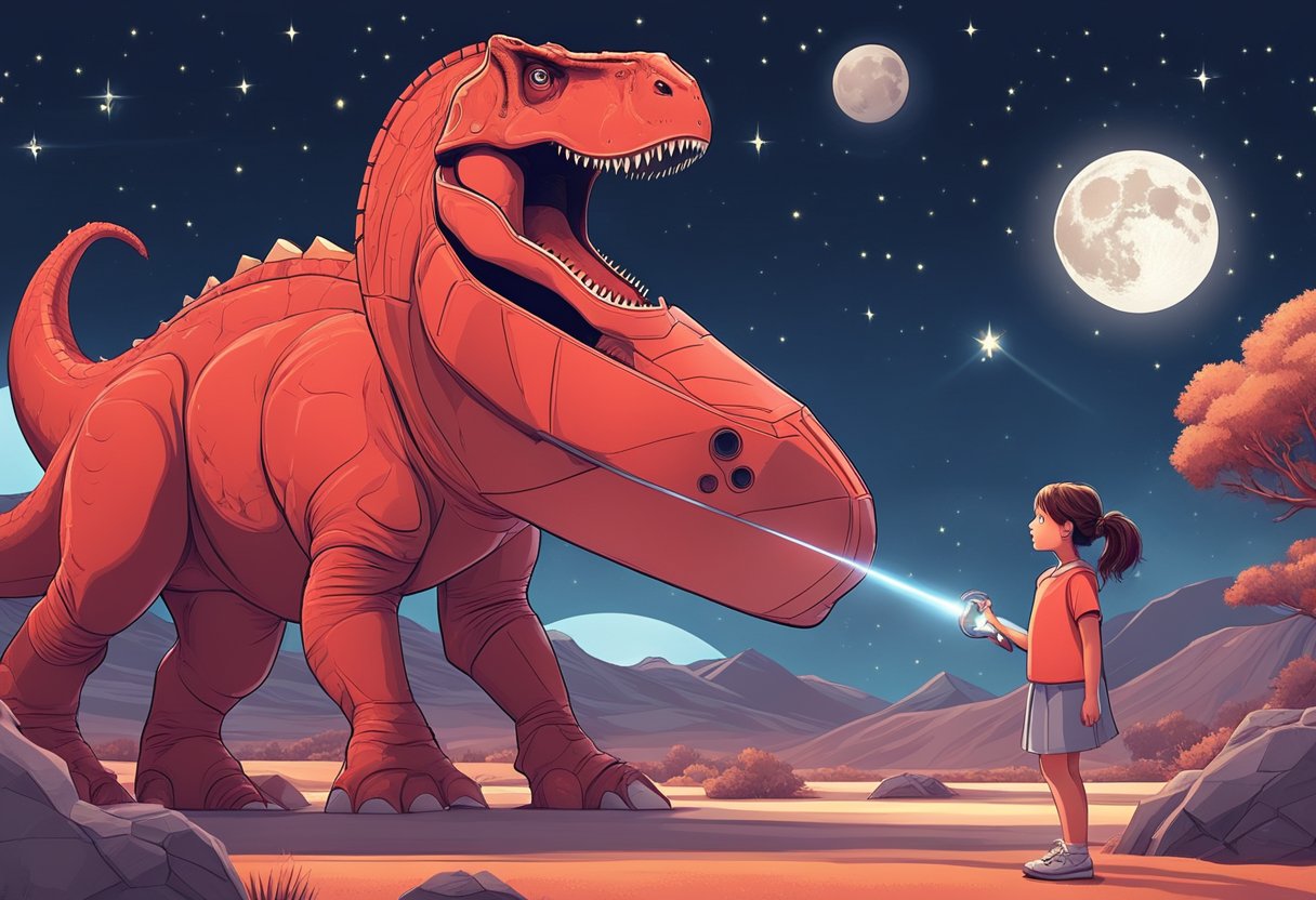 A prehistoric landscape with a large, red dinosaur and a young girl with a futuristic device, set against a backdrop of the moon and stars