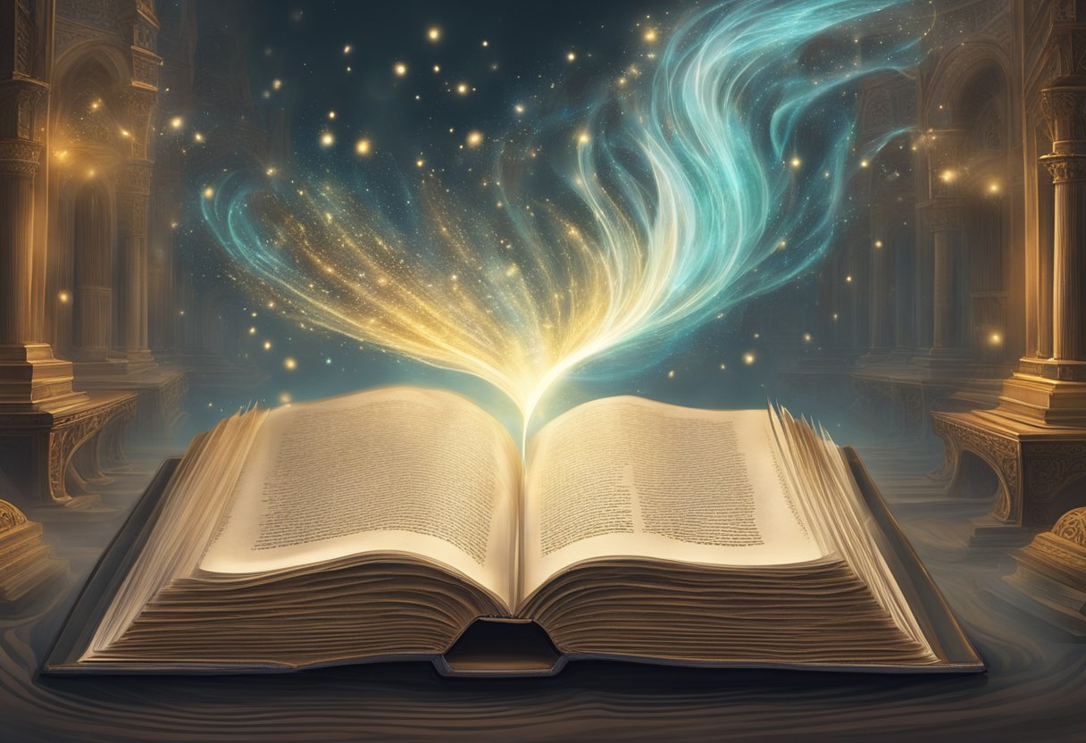 A grand, ancient book opens, releasing swirling wisps of magic into the air