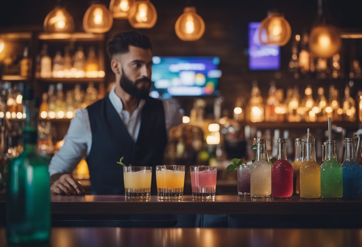 Colorful mocktail bar with sleek, modern decor. Bartender crafting vibrant drinks behind the counter. Trendy ambiance with soft lighting and stylish seating