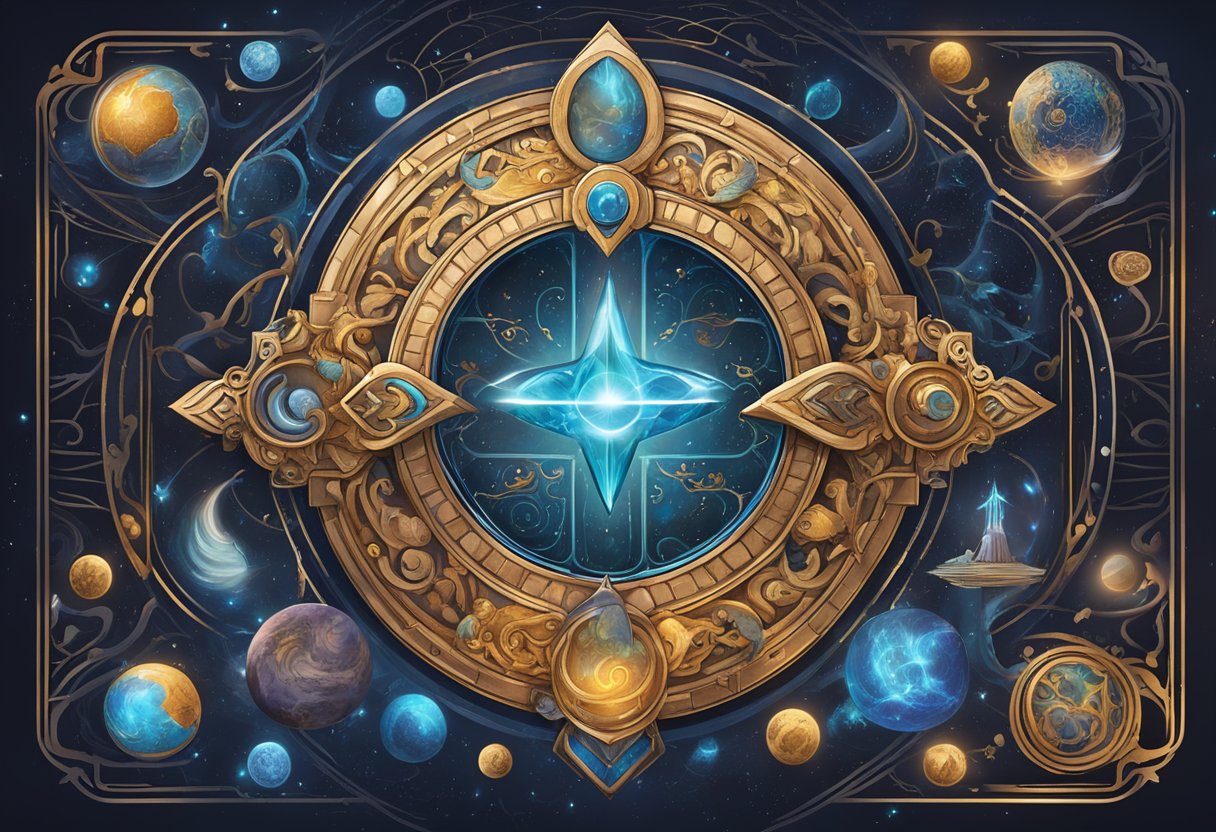 The Mythic Quest logo surrounded by swirling cosmic elements and ancient symbols, hinting at the mystical and legendary stories to come in the spinoff anthology series