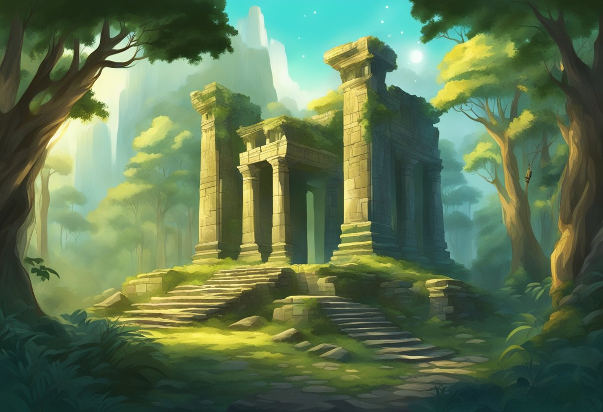 A grand, mystical forest with ancient ruins and glowing artifacts