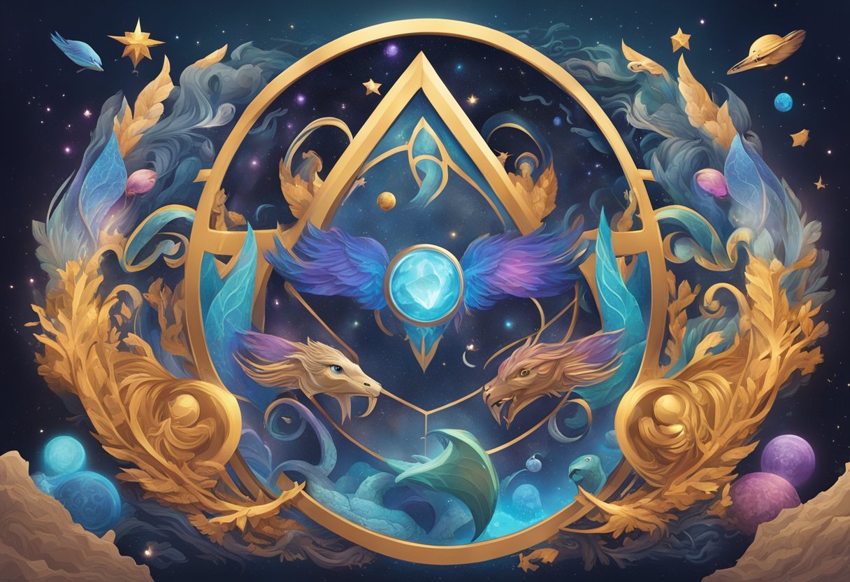 The iconic Mythic Quest logo surrounded by swirling cosmic elements and mythical creatures, hinting at the fantastical adventures to come in the spinoff anthology series