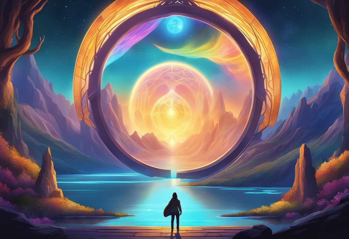 A colorful logo for "Mythic Quest" spinoff anthology series emerges from a glowing portal amid a backdrop of fantasy landscapes