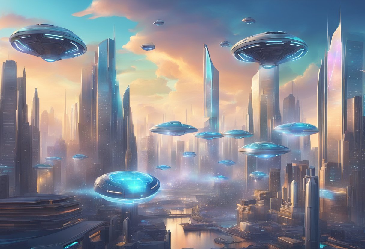 A futuristic city skyline with holographic displays and flying vehicles