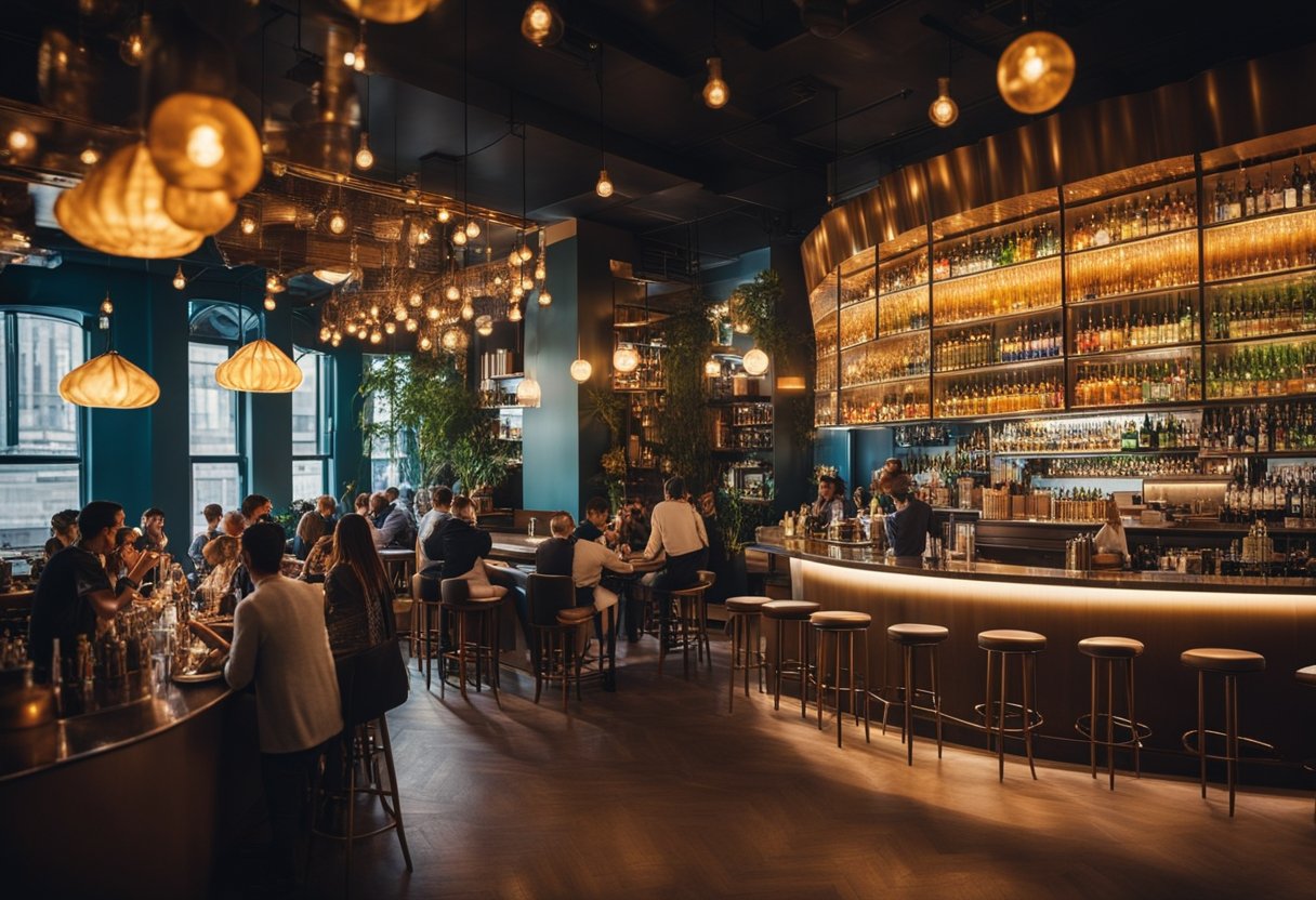 A bustling mocktail bar in NYC with vibrant decor, a sleek bar, and patrons enjoying colorful alcohol-free beverages